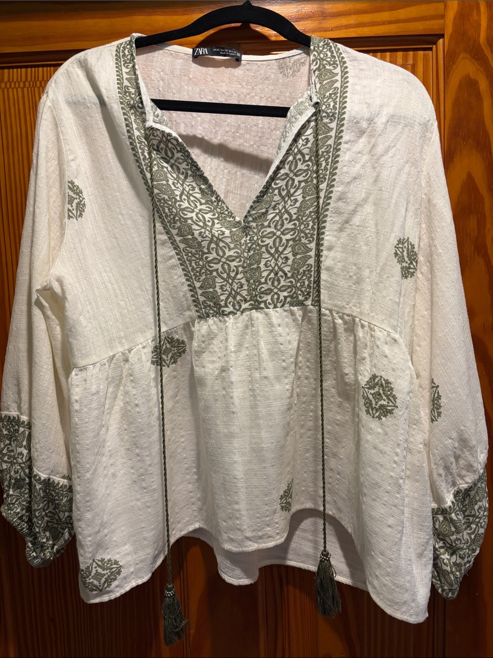 Zara Cream Peasant Tunic with Sage Embroidery